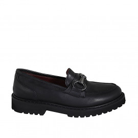 Woman's mocassin with accessory and removable insole in black leather heel 3 - Available sizes: 32