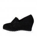 Woman's highfronted shoe with elastics and removable insole in black suede wedge heel 6 - Available sizes:  42, 43