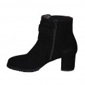 Woman's ankle boot with removable insole, buckle, elastic and zipper in black suede heel 6 - Available sizes:  33, 44