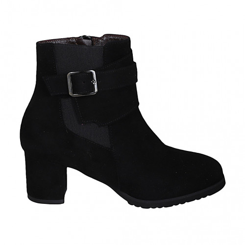 Woman's ankle boot with removable insole, buckle, elastic and zipper in black suede heel 6 - Available sizes:  33, 44