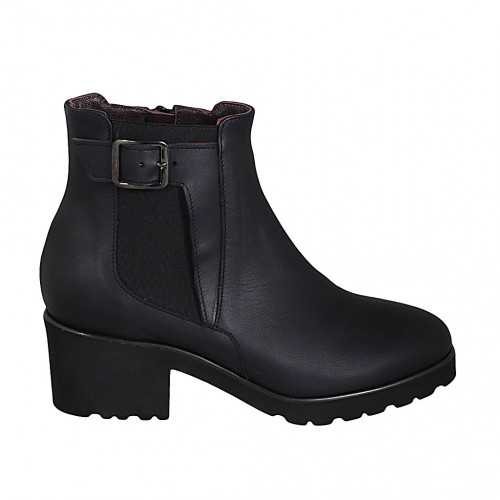 Woman's ankle boot with removable insole, buckle, elastic and zipper in black leather heel 5 - Available sizes:  42, 45