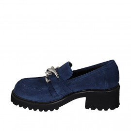 Woman's casual mocassin with chain in blue suede heel 5 - Available sizes:  45 2