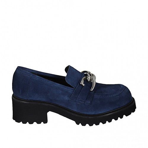 Woman's casual mocassin with chain in blue suede heel 5 - Available sizes:  45