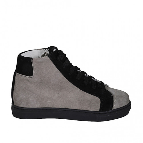 Zapato con cordones para mujer en gamuza negra y gris pardo cuña 3 - Tallas disponibles:  32, 33, 34, 42, 43, 45