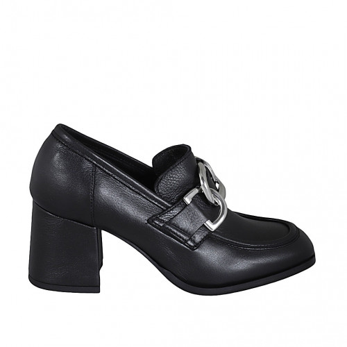 Woman's loafer in black leather with chain heel 7 - Available sizes:  32, 33, 44