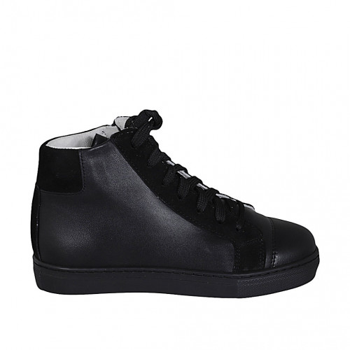 Zapato con cordones para mujer en piel y gamuza negra cuña 3 - Tallas disponibles:  32, 33, 43, 44, 45