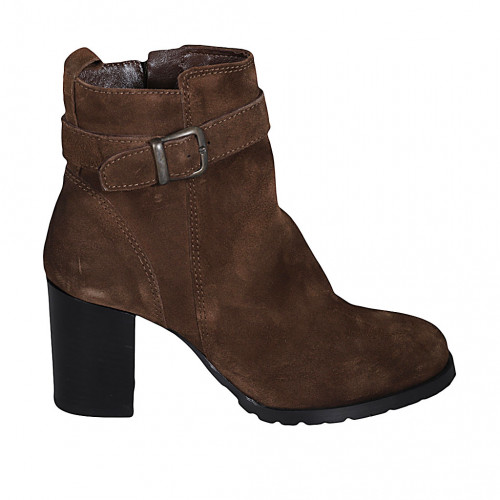 Woman's ankle boot in tan brown suede with zipper and buckle heel 7 - Available sizes:  34, 44