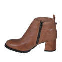Woman's low ankle boot with buckle and zipper in tan brown leather heel 5 - Available sizes:  44