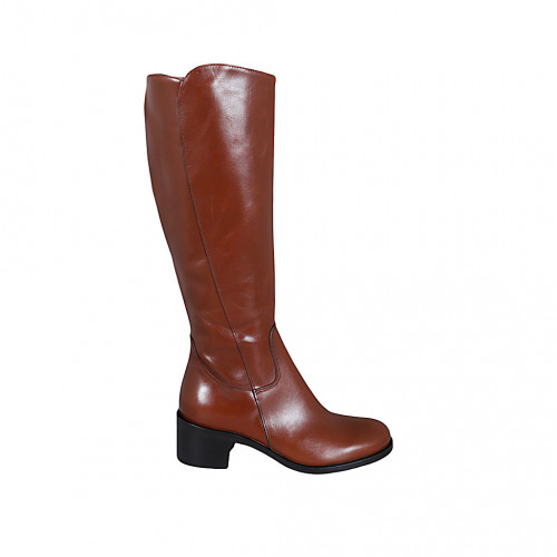 Woman's boot with zipper in tan brown leather heel 5 - Available sizes:  43