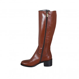 Woman's boot with zipper in cognac brown leather heel 5 - Available sizes:  43 2