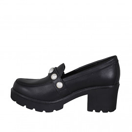 Woman's mocassin in black leather with buckle and pearls heel 6 - Available sizes:  32, 43, 45 2