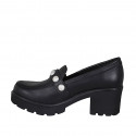 Woman's mocassin in black leather with buckle and pearls heel 6 - Available sizes:  32, 34, 42, 43, 45, 46