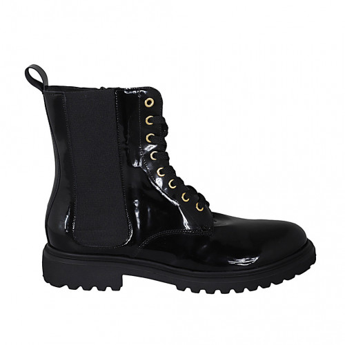 Woman's laced ankle boot with zipper and elastic band in black patent leather heel 3 - Available sizes:  43, 44
