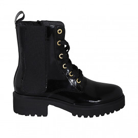 Woman's laced ankle boot with zipper and elastic band in black patent leather heel 4 - Available sizes: 32, 33
