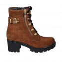 Woman's laced ankle boot with zippers and buckle in cognac brown suede heel 6 - Available sizes:  33, 43, 44