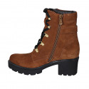Woman's laced ankle boot with zippers and buckle in cognac brown suede heel 6 - Available sizes:  33, 43, 44