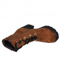 Woman's laced ankle boot with zippers and buckle in cognac brown suede heel 6 - Available sizes:  33, 43, 44