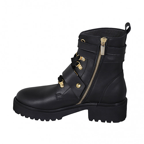 Bottines élégantes Pour Femme - Bottines D'automne En Cuir Noir - Bottes D'hiver Plates à Lacets Et Fermeture éclair Avec Boucle