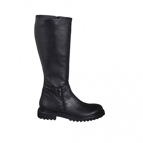 Bottes pour femmes avec fermetures éclair et goujons en cuir noir talon 4 - Pointures disponibles:  42, 43, 44, 45