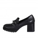 Woman's loafer in black leather with accessory and heel 6 - Available sizes:  44, 45