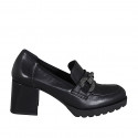 Woman's loafer in black leather with accessory and heel 6 - Available sizes:  44, 45