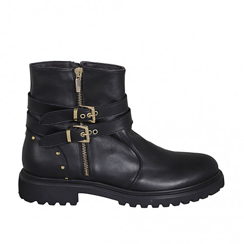 Woman's ankle boot with zippers, studs and buckles in black leather heel 3 - Available sizes:  46