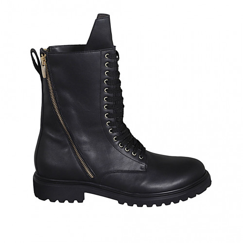 Woman's high laced ankle boot with zippers in black leather heel 3 - Available sizes:  43, 46
