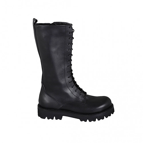 Woman's laced boot in black leather with zipper heel 3 - Available sizes:  32, 33, 43, 46