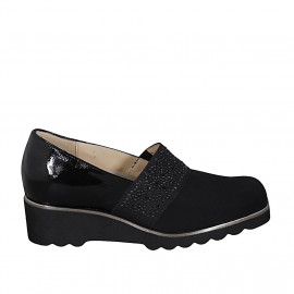 Woman's shoe with removable insole, elastic and rhinestones in black patent leather and fabric wedge heel 4 - Available sizes:  42, 43, 45