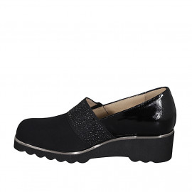 Woman's shoe with removable insole, elastic and rhinestones in black patent leather and fabric wedge heel 4 - Available sizes:  42 2