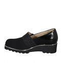 Woman's shoe with removable insole, elastic and rhinestones in black patent leather and fabric wedge heel 4 - Available sizes:  42, 43, 45