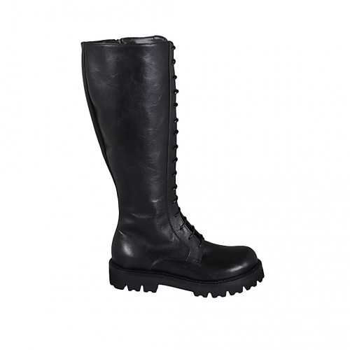 Bottes stil combat pour femmes avec lacets et fermeture éclair en cuir noir talon 3 - Pointures disponibles:  32, 33, 44, 45