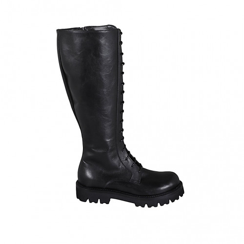 Woman's laced combat boot with zipper in black leather heel 3 - Available sizes:  32, 33, 44, 45
