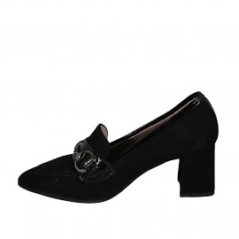 Woman's pointy mocassin with accessory in black suede and patent leather heel 6 - Available sizes:  32, 43 2