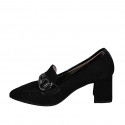 Woman's pointy mocassin with accessory in black suede and patent leather heel 6 - Available sizes:  32, 33, 43, 44, 46
