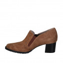 Woman's highfronted shoe with elastics and studs in tan brown suede heel 5 - Available sizes:  33, 34, 42, 43, 44, 45