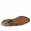 Woman's highfronted shoe with elastics and studs in cognac brown suede heel 5 - Available sizes:  42, 43, 44, 45