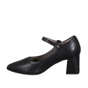 Woman's pointy pump in black leather with strap heel 6 - Available sizes:  43, 44, 45