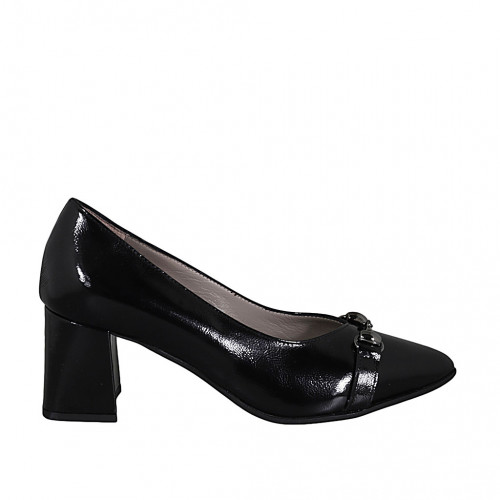 Zapato de salon a punta con accessorio en charol negro para mujer tacon 6 - Tallas disponibles:  32, 33, 45