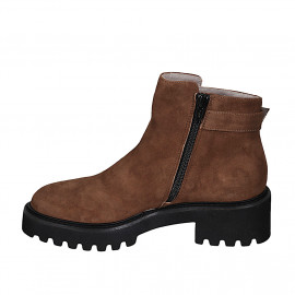 Woman's ankle boot with zipper and buckle in cognac brown suede heel 5 - Available sizes:  43, 44, 45, 46 2