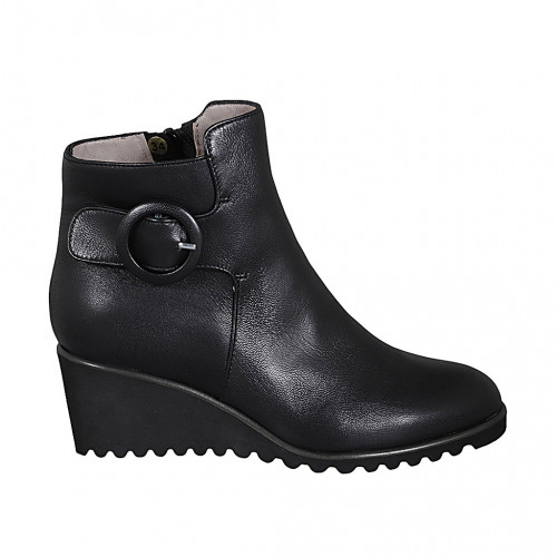 Woman's ankle boot with buckle and zipper in black leather wedge heel 6 - Available sizes:  32, 42, 43, 45