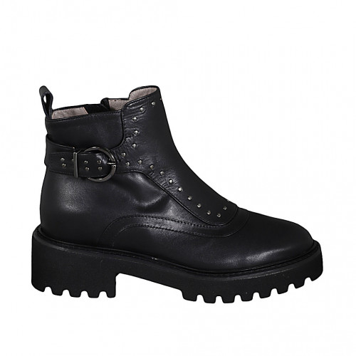 Woman's ankle boot with zipper, buckle and studs in black leather heel 4 - Available sizes:  32, 42, 44, 45
