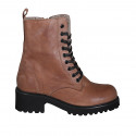 Woman's laced ankle boot with zipper and fur lining in tan brown leather heel 5 - Available sizes:  42