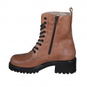 Woman's laced ankle boot with zipper and fur lining in tan brown leather heel 5 - Available sizes:  42