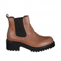 Woman's ankle boot with lateral elastic bands in cognac brown leather heel 5 - Available sizes:  43, 44, 45
