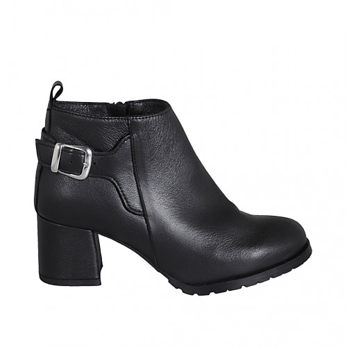 Woman's low ankle boot with buckle and zipper in black leather heel 5 - Available sizes:  33, 45