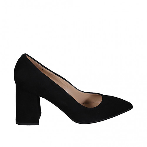 Woman's pointy pump shoe in black suede block heel 7 - Available sizes:  32, 34, 43