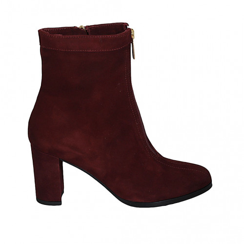 Woman's ankle boot in maroon suede with zippers heel 7 - Available sizes:  44, 45, 46