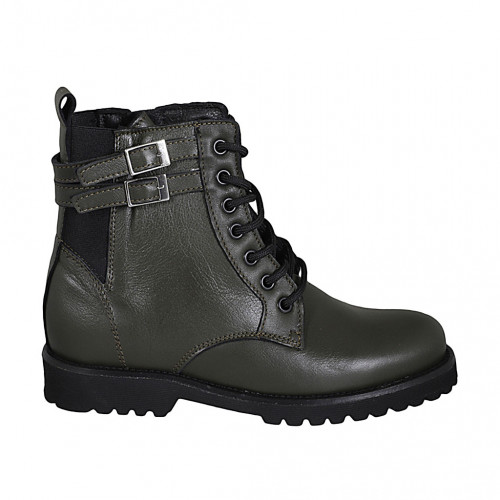 Bottines pour femmes avec lacets, elastiques, boucles et fermeture éclair en cuir vert talon 3 - Pointures disponibles:  33, 44