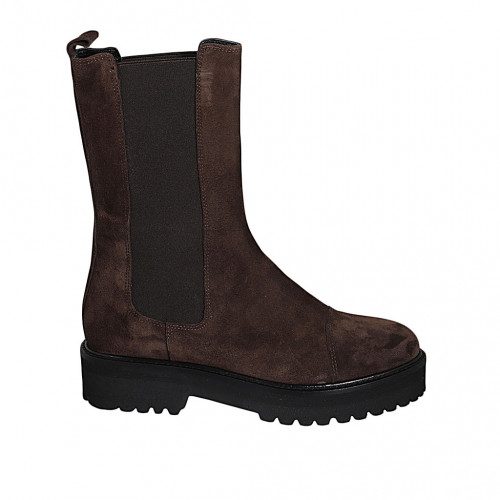 Woman's high ankle boot in brown suede with elastic bands and captoe heel 4 - Available sizes:  32